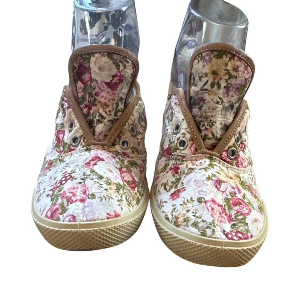 Hotter Size 7 Floral Slip-On Canvas Shoes Tan Trim Womens Casual Sneakers Shoes